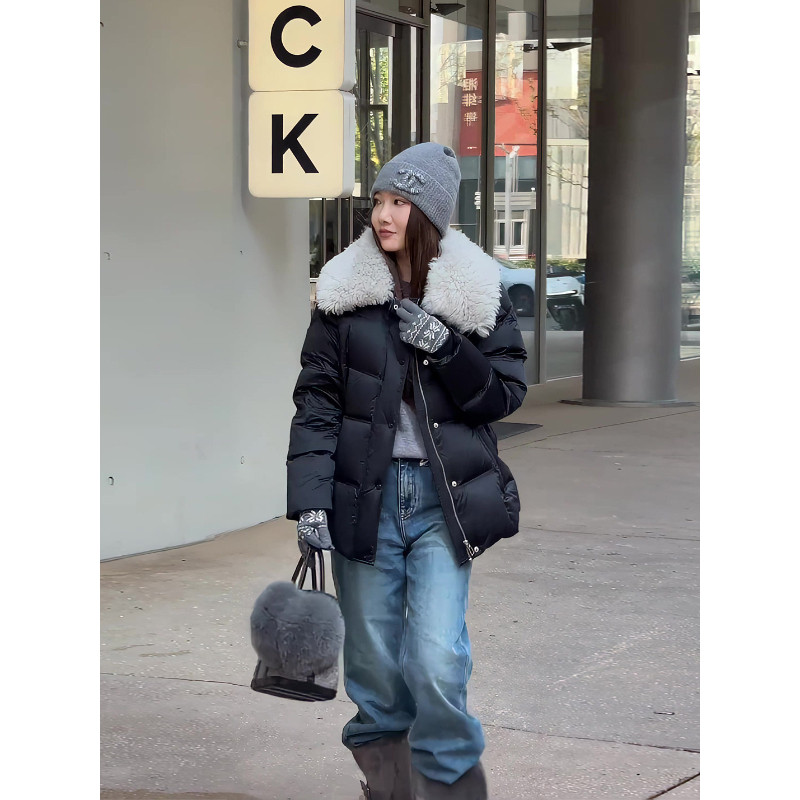 欧货大毛领翻领收腰显瘦气质加厚保暖防寒宽松棉服外套女面包服潮