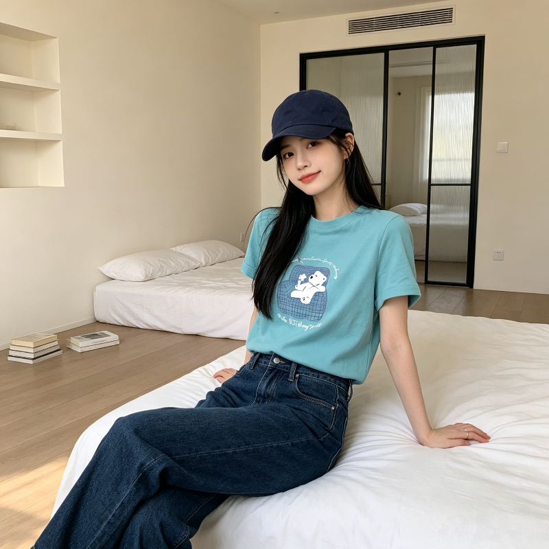 湖蓝色夏季正肩减龄圆领休闲百搭宽松小个子T恤上衣女洋气气质潮