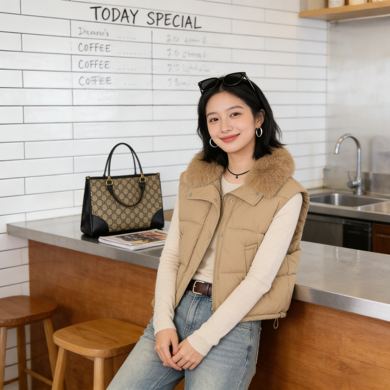 大毛领设计感短款洋气宽松大码小个子慵懒风棉服马夹外套女马甲潮