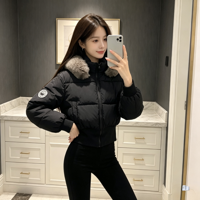 欧货冬季大毛领连帽宽松小个子收腰显瘦气质棉服外套女百搭面包服