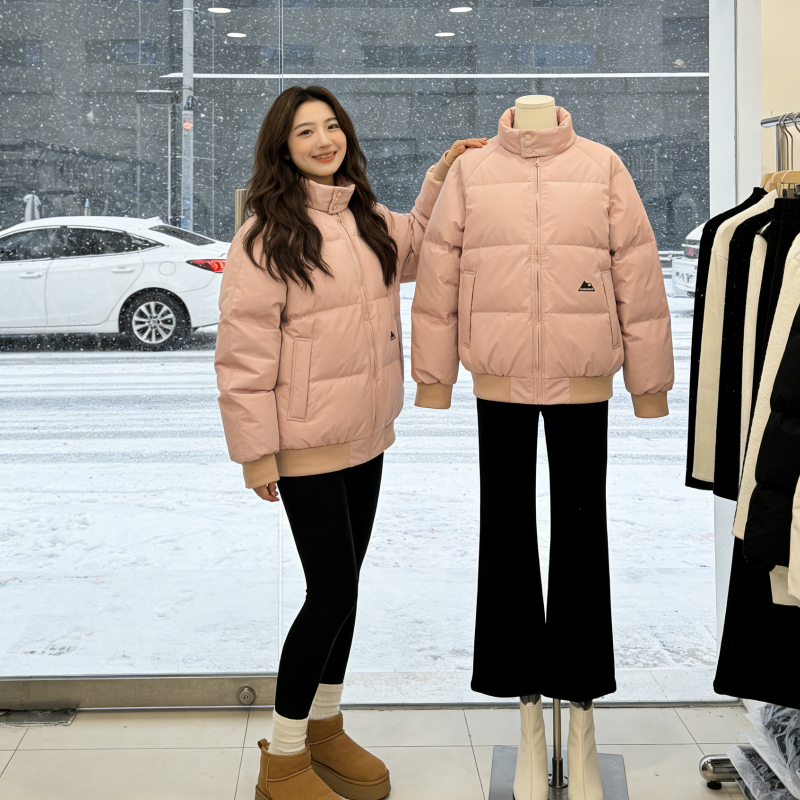 粉色棉服加厚显瘦外套宽松多巴胺冬季宽松立领学生小个子面包服女