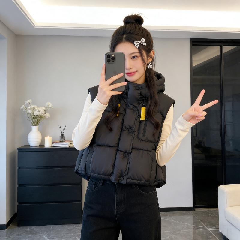 慵懒风设计感连帽宽松大码小个子连帽无袖棉服马夹外套女背心马甲