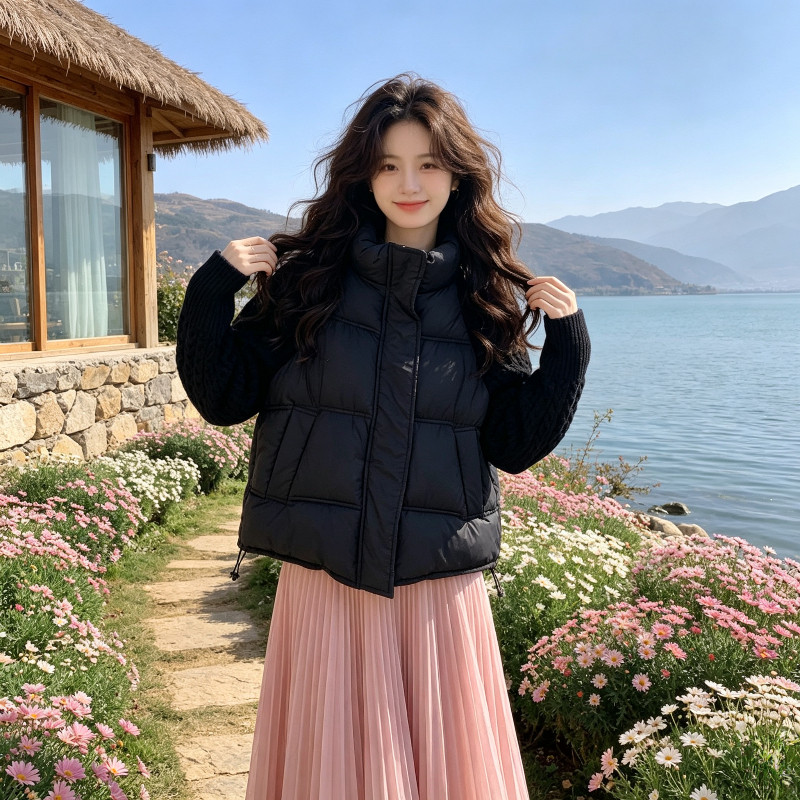 针织麻花袖子立领休闲宽松大码小个子棉服外套女百搭气质面包服潮