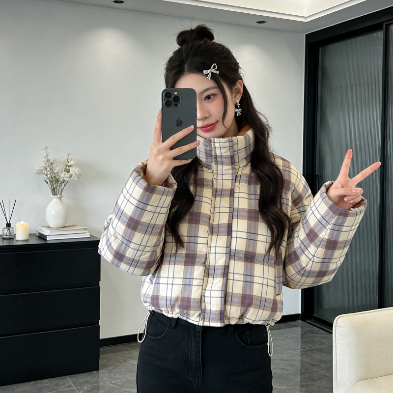拼接撞色格纹加厚保暖防寒宽松大码小个子短款洋气棉服外套女棉袄