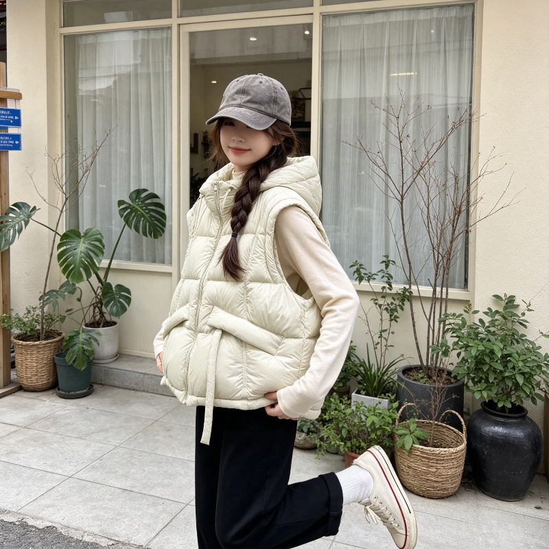慵懒风秋冬宽松大码连帽加厚保暖小个子无袖坎肩棉服马夹外套女潮