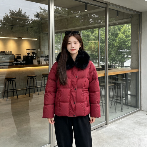 红色中国风大毛领加厚保暖防寒收腰显瘦小个子棉服外套女面包服潮