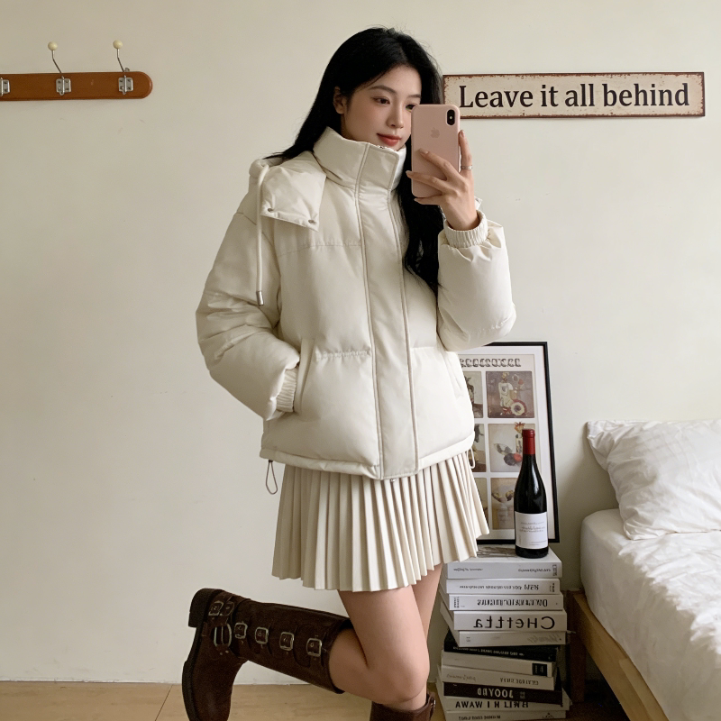 温柔风白色连帽加厚保暖防寒宽松大码小个子棉服外套女面包服棉袄