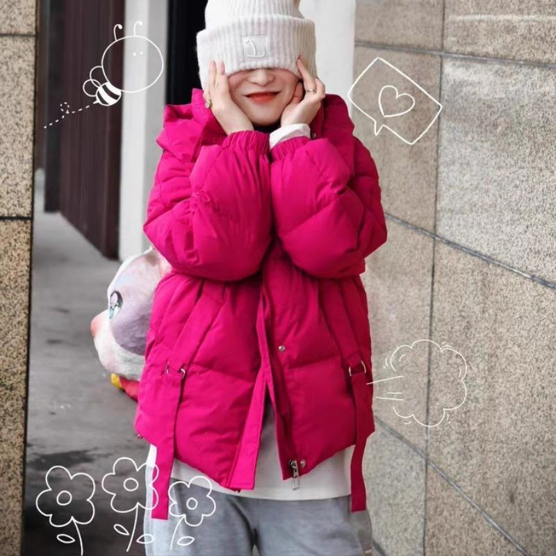 火龙果色连帽慵懒风宽松大码加厚保暖防寒棉服外套女面包服棉袄潮