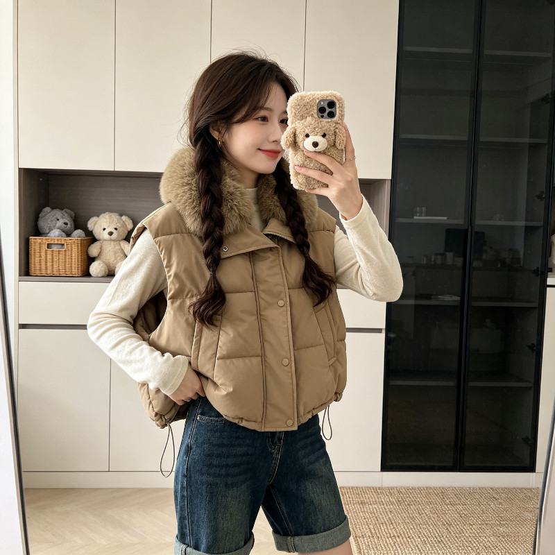 秋冬大毛领设计感休闲宽松短款加厚小个子百搭无袖棉服马夹外套女