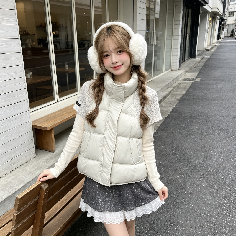 温柔风立领针织短袖拼接休闲宽松小个子大码棉服马夹外套女洋气潮