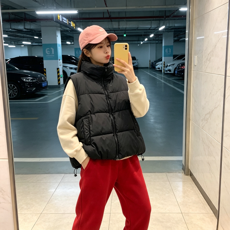 欧货慵懒风宽松大码小个子加厚保暖立领无袖坎肩棉服马夹外套女潮