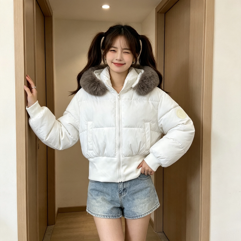 温柔风大毛领连帽加厚保暖短款宽松小个子防寒棉服外套女面包服潮