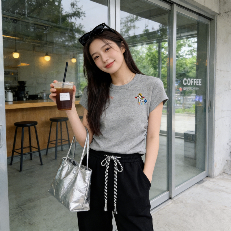 韩版正肩微胖女生穿搭短袖大码女装t恤女气质修身显瘦款弹力棉潮