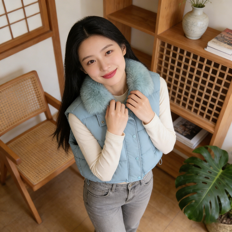 温柔风大毛领气质短款休闲宽松小个子百搭无袖坎肩棉服马夹外套女