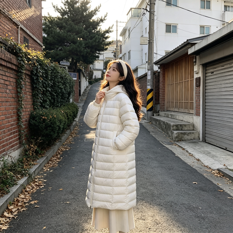 白色温柔风冬季中长款过膝连帽宽松小个子休闲棉服外套女面包服潮
