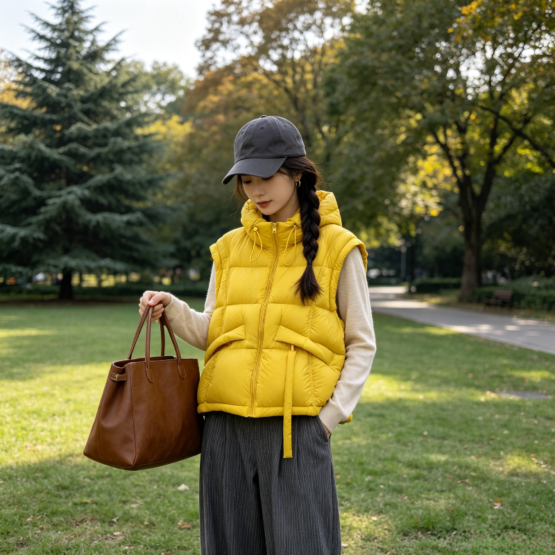 姜黄色慵懒风宽松大码无袖坎肩连帽棉服马夹外套女休闲百搭气质潮