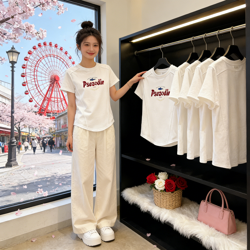 夏季正肩短袖T恤女设计感休闲小个子宽松洋气上衣百搭欧货气质潮
