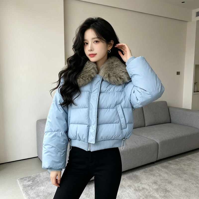 翻领设计感毛领加厚保暖防寒宽松短款小个子冬季棉服外套女面包服
