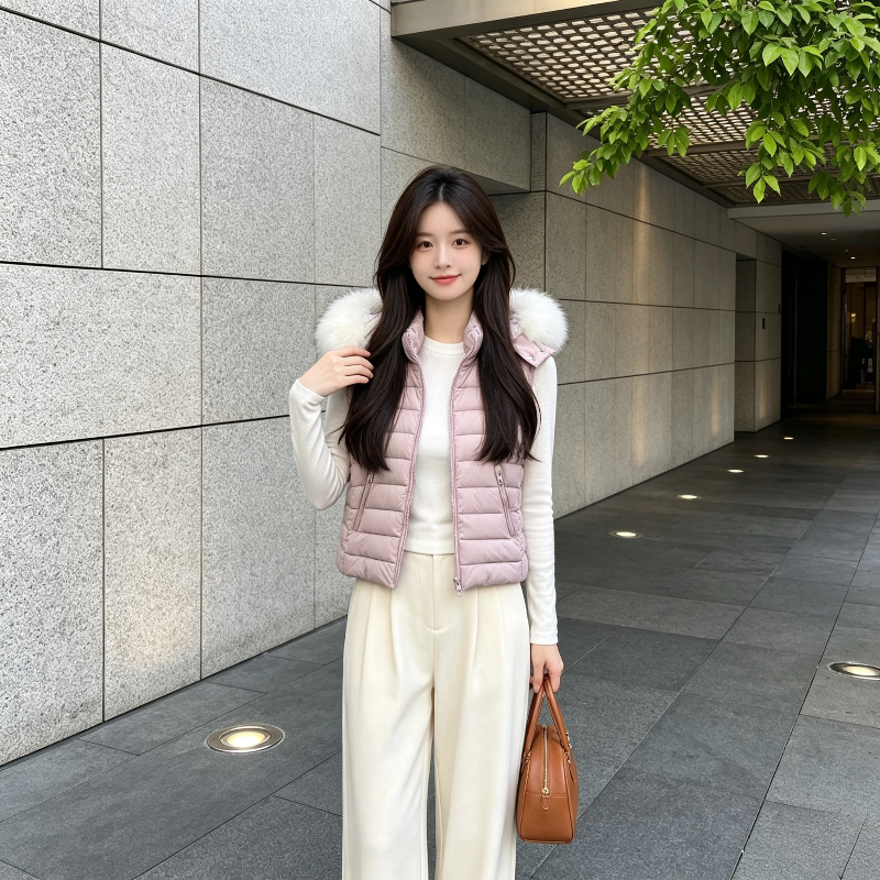 温柔风大毛领连帽马夹女秋冬轻薄款保暖修身小个子排骨服棉衣外套