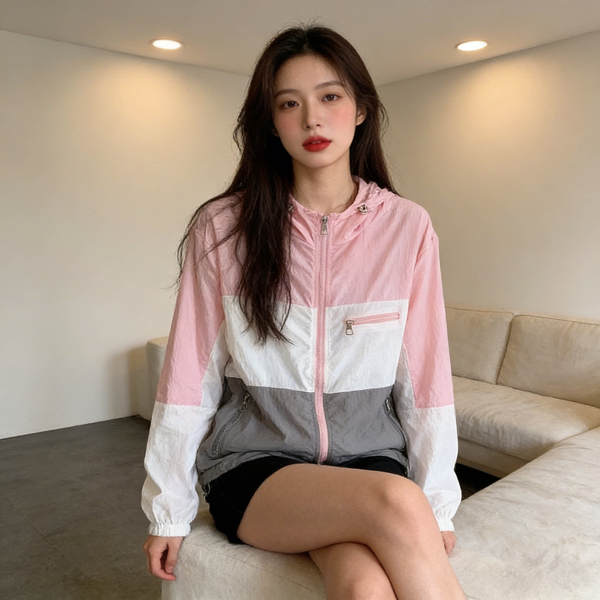 时尚百搭女款夏季薄款韩版设计感拼色连帽宽松防晒衣新款长袖外套