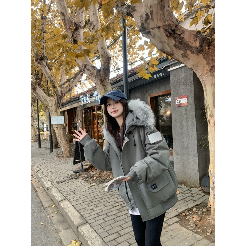 冬季毛领工装港风加厚保暖防寒宽松大码小个子棉服外套女派克棉袄