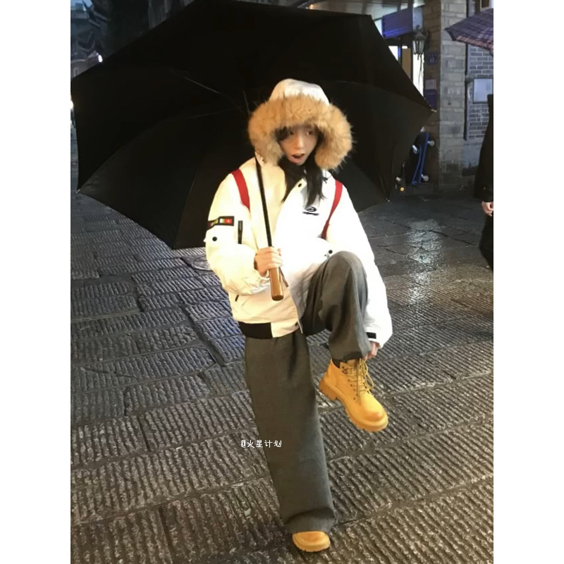 连帽工装毛领设计感宽松大码小个子棉服外套女百搭气质派克棉袄潮