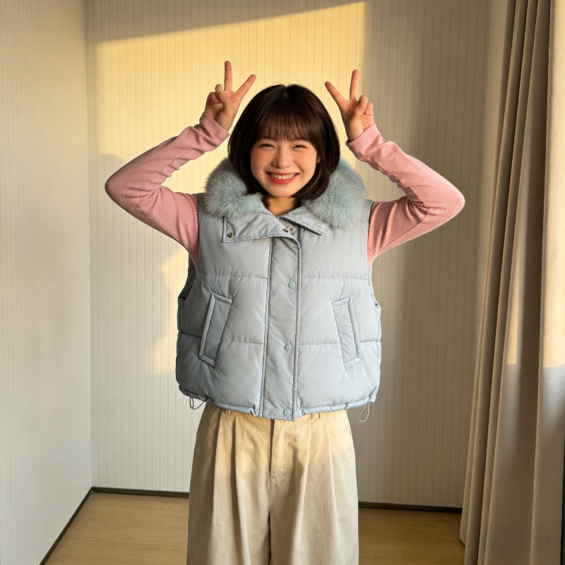 水蓝色减龄温柔风设计感大毛领保暖防寒休闲无袖坎肩棉服马夹女潮