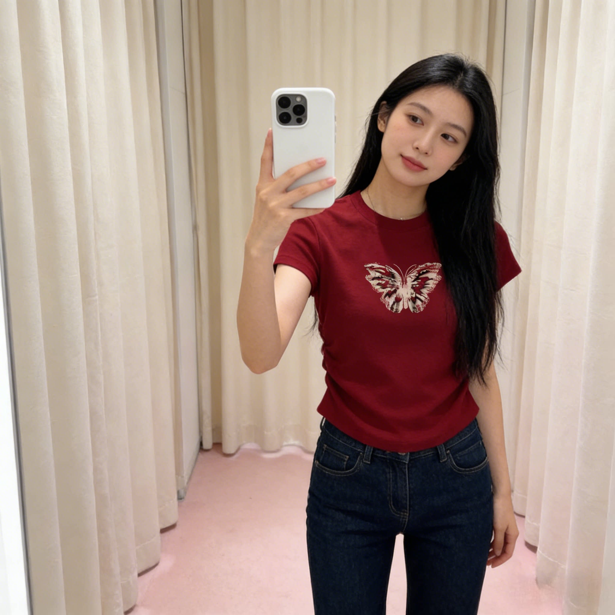 红色漂亮独特设计感小众修身掐腰上衣女夏季新款正肩圆领短袖T恤