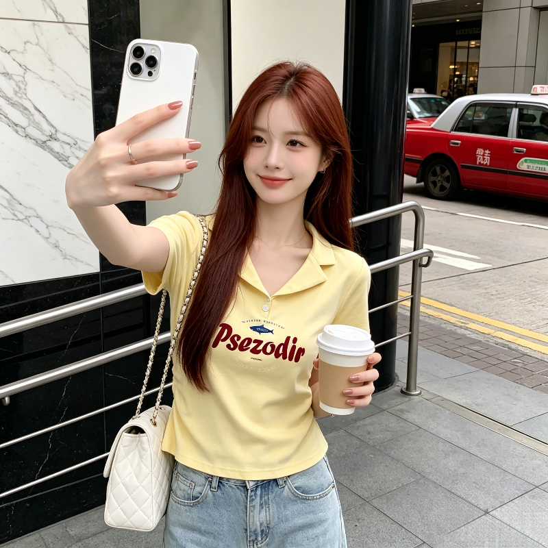 奶油黄高级感修身显瘦温柔风Polo衫翻领短款小众小个子短袖T恤女