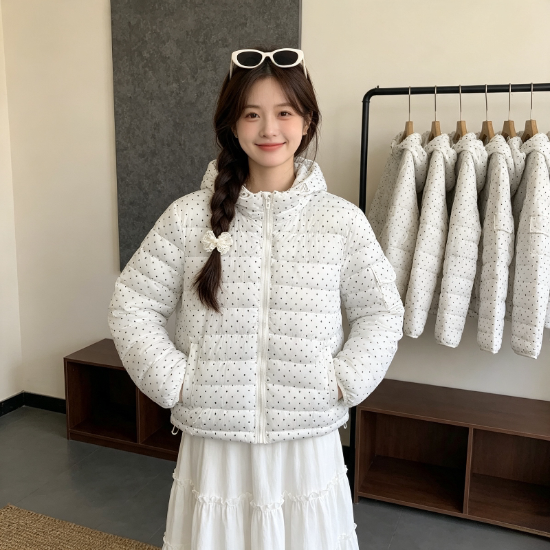 波点修身连帽秋冬轻薄款保暖防寒小个子棉服外套女排骨服棉袄洋气