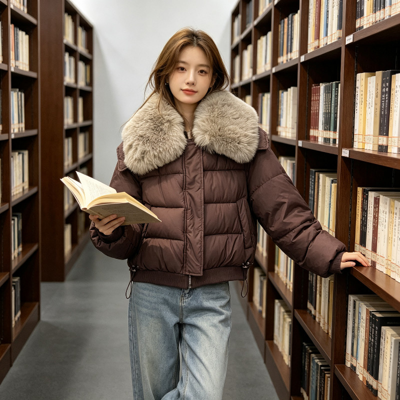 欧货大毛领轻奢气质翻领短款加厚保暖防寒宽松大码棉服外套女洋气