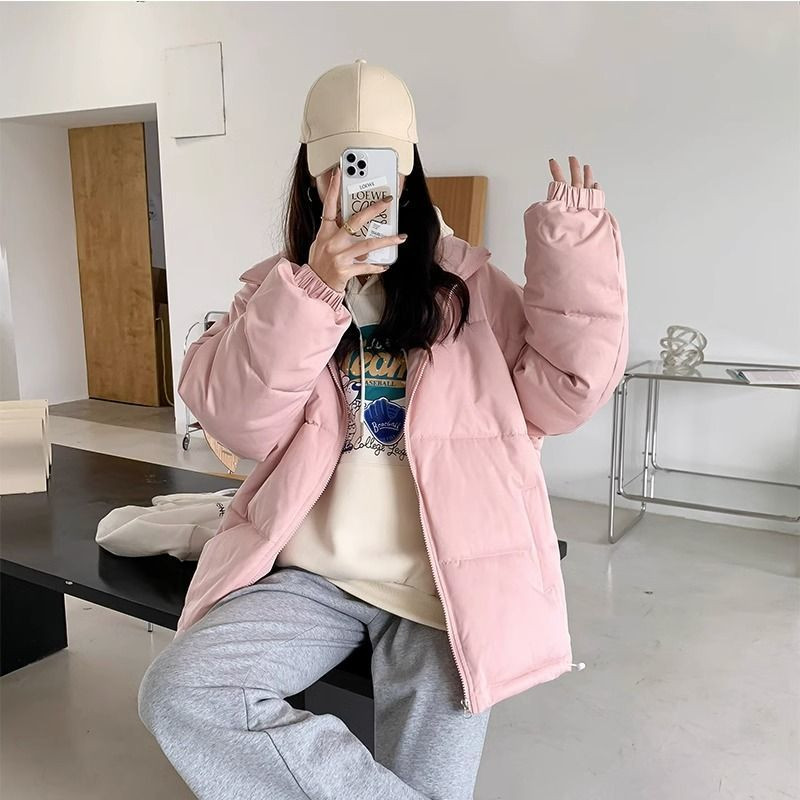 粉色减龄设计感立领宽松大码小个子慵懒风加厚保暖防寒棉服外套女