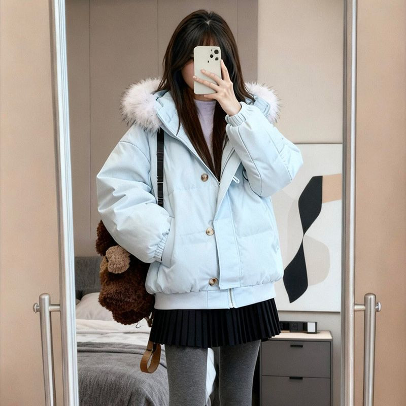 水蓝色减龄设计感连帽大毛领加厚保暖防寒宽松大码棉服外套女百搭