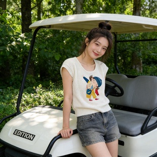 冰丝针织短袖薄款T恤女夏季欧货正肩轻奢高级感法式镂空短款上衣