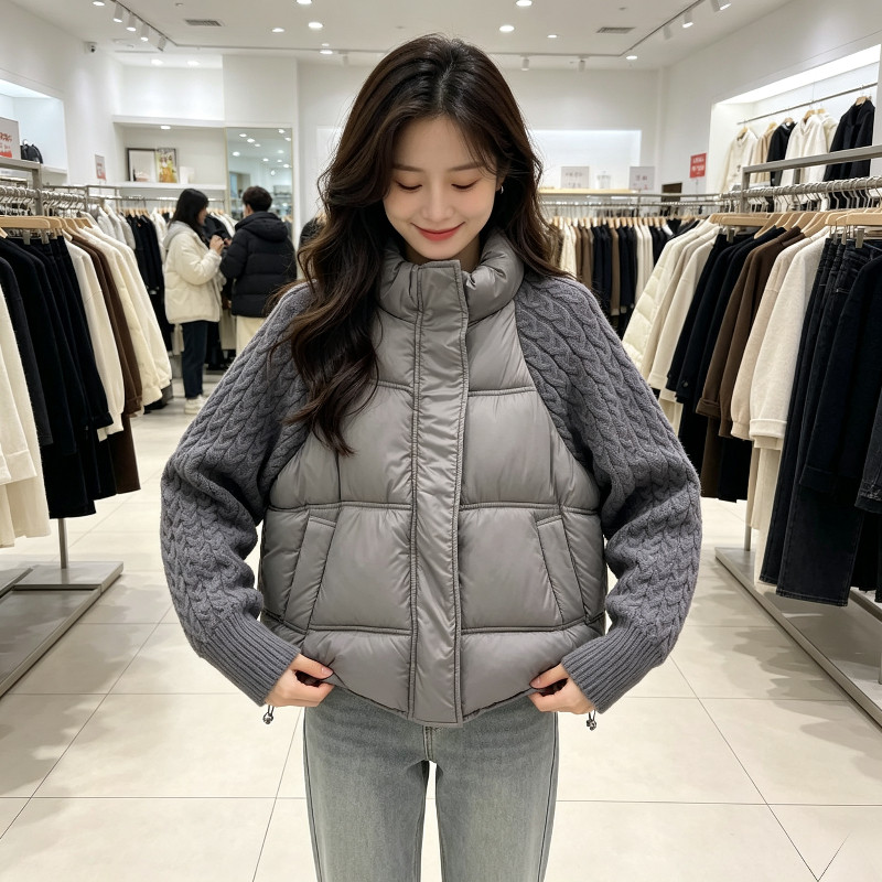 冬季欧货针织麻花袖子拼接立领加厚保暖防寒棉服外套女面包服棉袄