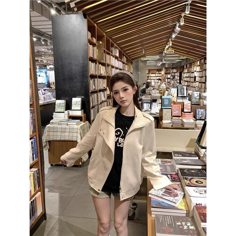 轻奢老钱风立领休闲宽松小个子百搭皮衣外套女气质减龄机车夹克潮