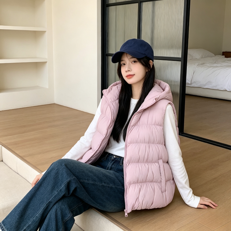 温柔风连帽粉色减龄设计感泡芙款宽松小个子无袖坎肩棉服马夹女潮