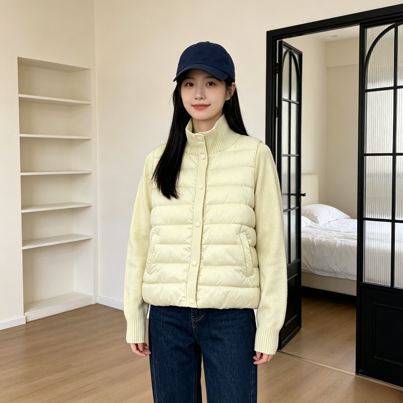 奶黄色温柔风减龄设计感针织袖子拼接立领轻薄保暖排骨服棉衣女潮