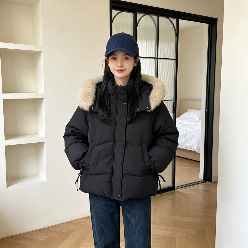 大毛领慵懒风设计感抽绳收腰显瘦小个子宽松大码棉服外套女面包服