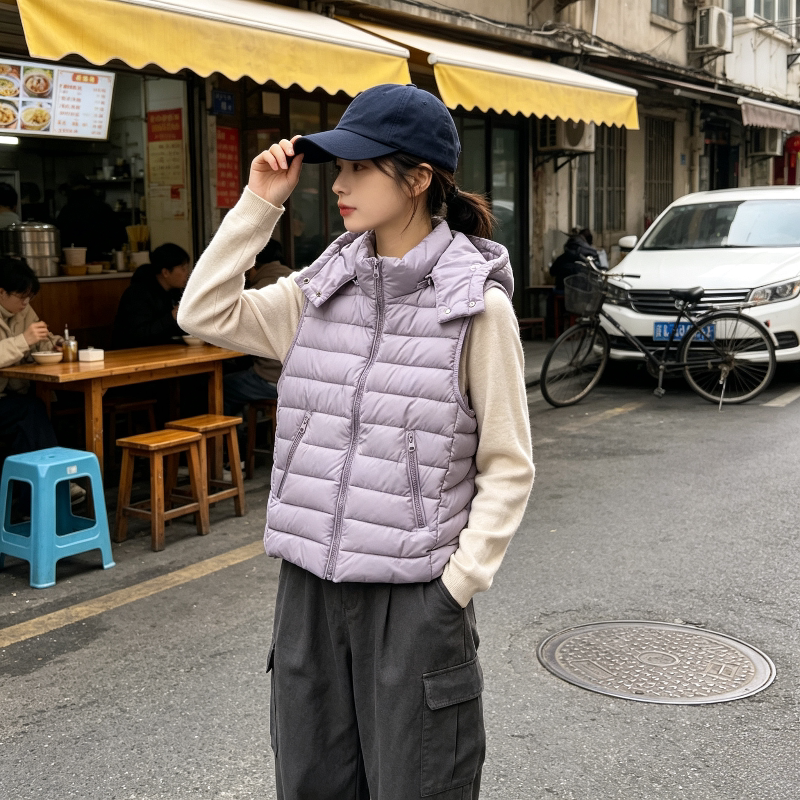 香芋紫减龄秋冬轻薄保暖防寒连帽无袖坎肩排骨服棉衣马夹外套女潮