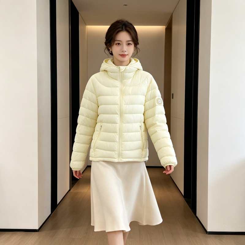 奶黄色减龄连帽轻薄款保暖防寒休闲小个子棉服外套女排骨服轻奢风