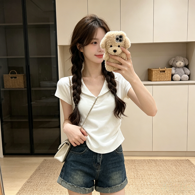 白色夏季温柔风polo衫短袖翻领T恤上衣女洋气修身显瘦褶皱百搭潮