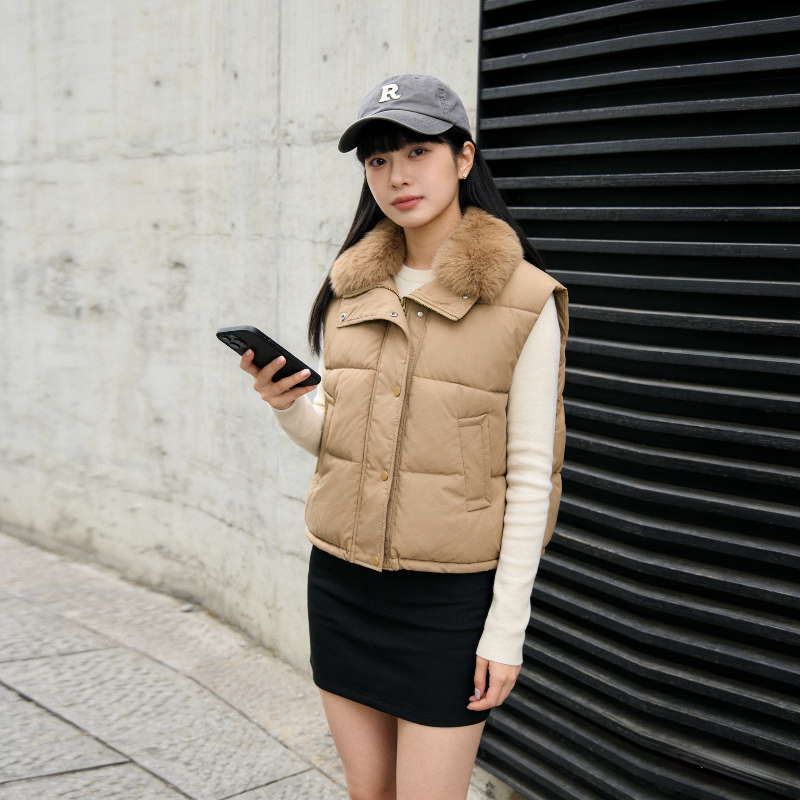 大毛领设计感短款小个子宽松慵懒风百搭无袖坎肩棉服马夹外套女潮