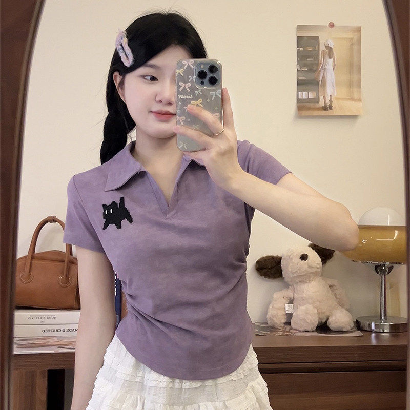 香芋紫正肩短款掐腰修身显瘦小个子Polo衫减龄短袖T恤上衣女洋气