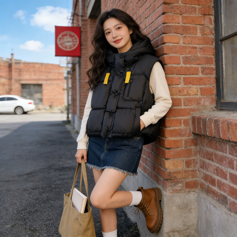 连帽设计感宽松大码小个子欧货慵懒风无袖坎肩棉服马夹外套女马甲