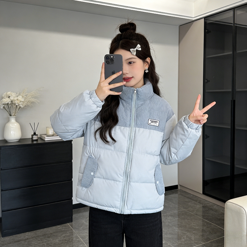 灯芯绒拼接撞色设计感加厚保暖防寒立领棉服外套女慵懒风面包服潮