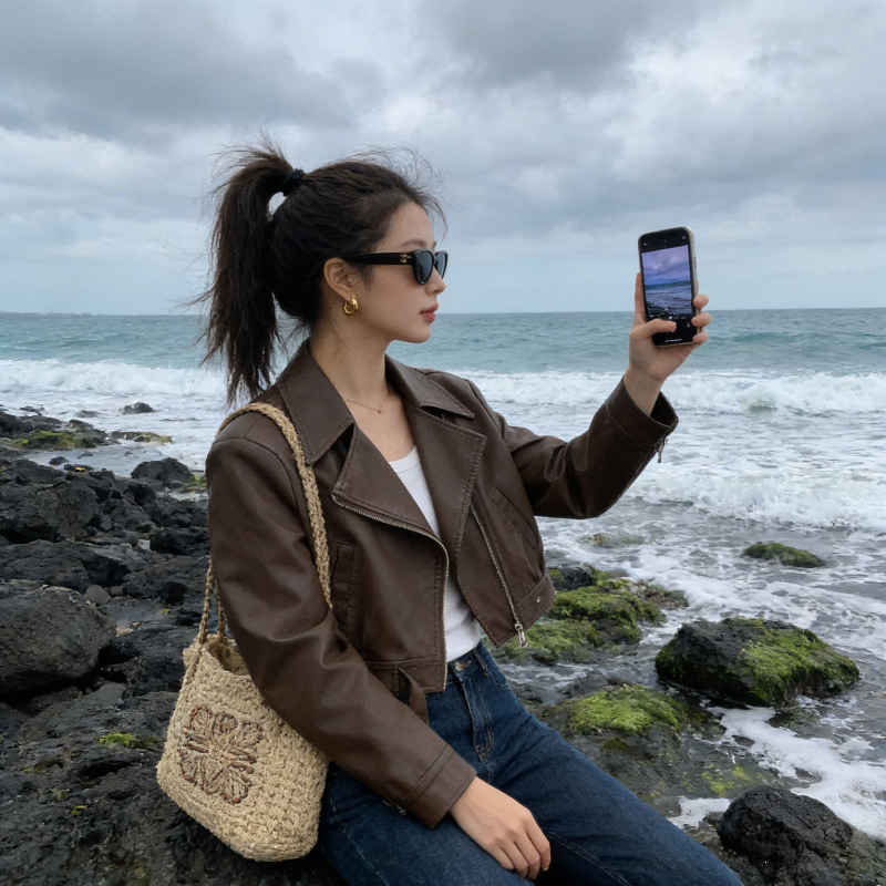 免洗亮面设计感小个子pu皮机车美式大翻领皮衣外套女夹克洋气百搭