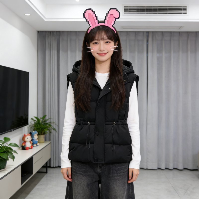 欧货慵懒风设计感连帽宽松大码小个子无袖坎肩棉服马夹外套女马甲