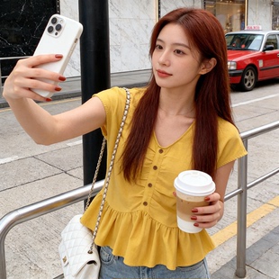 女显瘦遮肉通勤百搭温柔风褶皱排扣荷叶边上衣潮 衬衫 法式 V领无袖