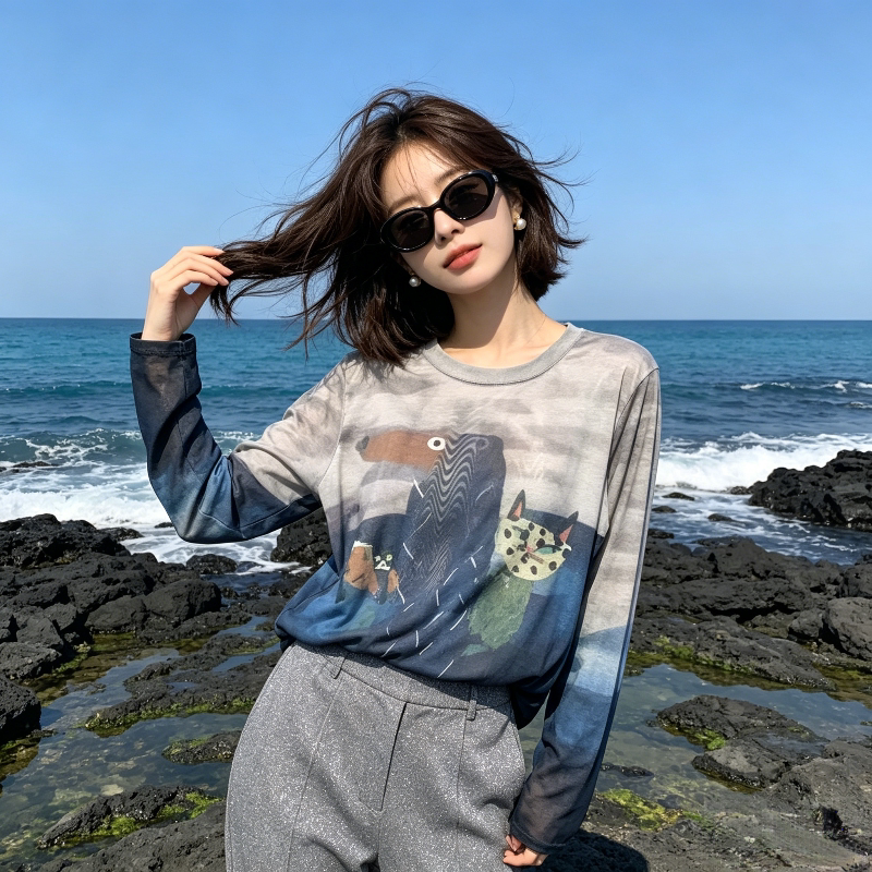 夏季薄款冰丝透气慵懒风宽松大码小个子长袖防晒T恤上衣女空调衫